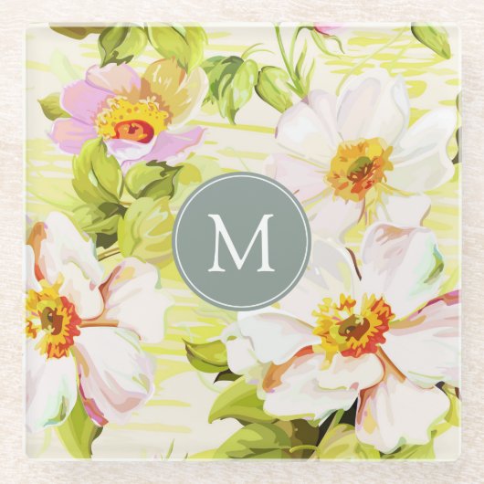 ヴィンテージフローラバラプオニースモノグラムガラスコアスター ガラスコースター (正面)