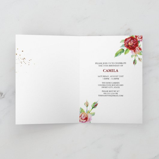 ヴィンテージフローラバラレッドピンクと金ゴールドキンセアニェラ 招待状 (内部)