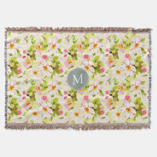 ヴィンテージフローラバラ牡丹モノグラムスローB スローブランケット (正面)