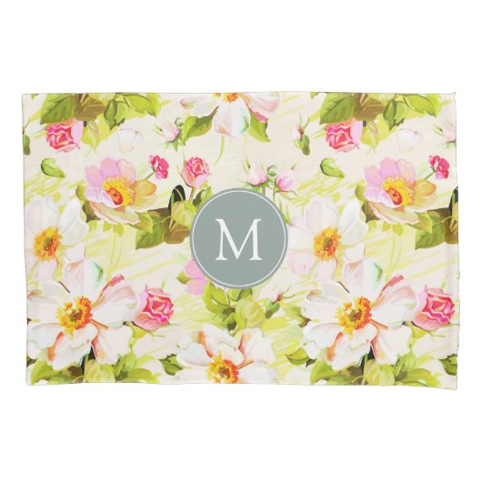 ヴィンテージフローラバラ牡丹モノグラムピローケース 枕カバー (正面)