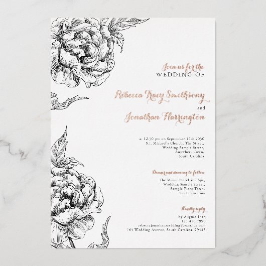 ヴィンテージフローラバラ結婚金ゴールド箔招待状 箔招待状 (正面)