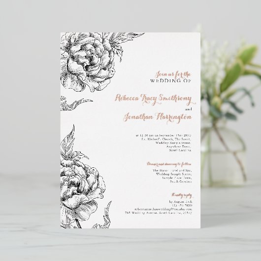 ヴィンテージフローラバラ結婚金ゴールド箔招待状 箔招待状 (立ち正面)