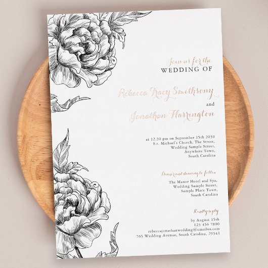 ヴィンテージフローラバラ結婚金ゴールド箔招待状 箔招待状