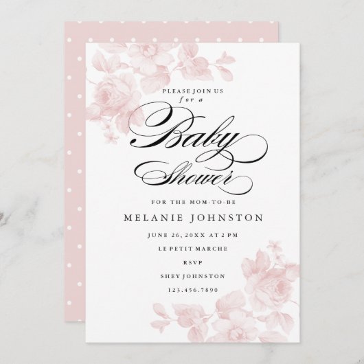 ヴィンテージフローラバラ |ピンクガールのベビーシャワー 招待状 (正面/裏面)