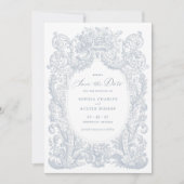 ヴィンテージフローラバロックのフレームブルー日付を保存 招待状 (正面)