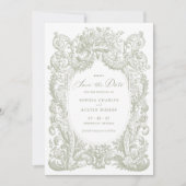 ヴィンテージフローラバロック様式フレームのセージ日付を保存 招待状 (正面)
