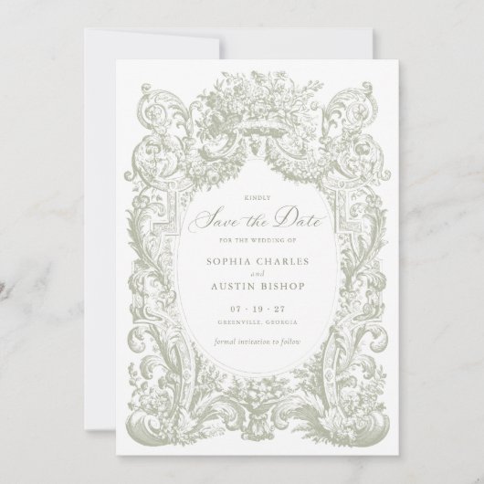 ヴィンテージフローラバロック様式フレームのセージ日付を保存 招待状 (正面)