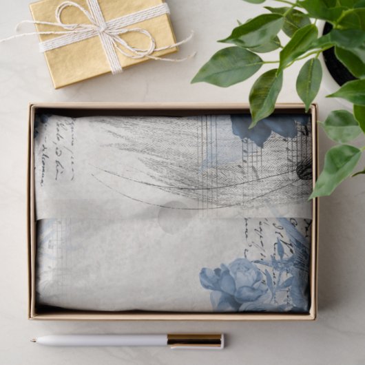 ヴィンテージフローラバーズネイビーブルーアンティークデコパージュ 薄葉紙 (ギフト)