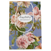 ヴィンテージフローラバーズブルー誕生日コテージコア ミディアムペーパーバッグ (正面)