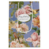 ヴィンテージフローラバーズブルー誕生日コテージコア ミディアムペーパーバッグ (裏面)