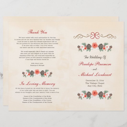ヴィンテージフローラパインクリスマス結婚式 プログラム (正面/裏面)