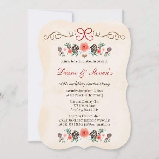 ヴィンテージフローラパインコーンクリスマス記念日 招待状 (正面)