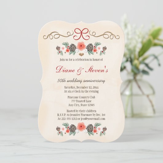 ヴィンテージフローラパインコーンクリスマス記念日 招待状 (スタンド正面)