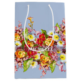 ヴィンテージフローラパウダーブルー春プリムローゼキュート ミディアムペーパーバッグ