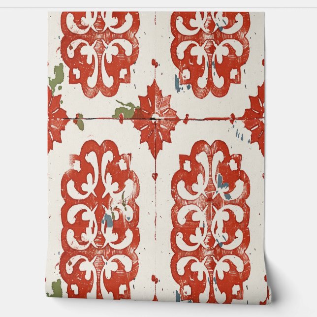 ヴィンテージフローラパターン（の模様が）あるセラミックタイル 壁紙 (ほどく)