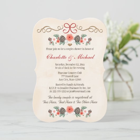 ヴィンテージフローラピネコーンクリスマスカップルシャワー 招待状 (スタンド正面)