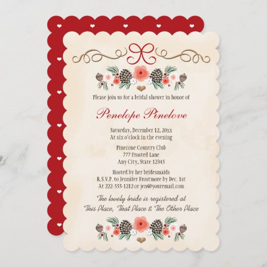 ヴィンテージフローラピネコーンクリスマスブライダルシャワー 招待状 (正面/裏面)