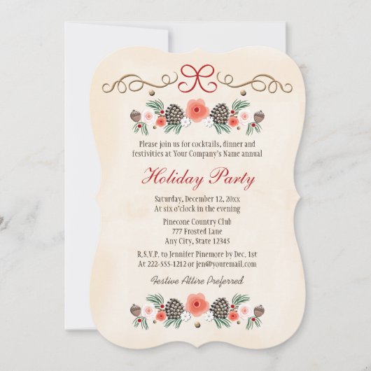 ヴィンテージフローラピネコーンビジネスホリデーパーティー 招待状 (正面)