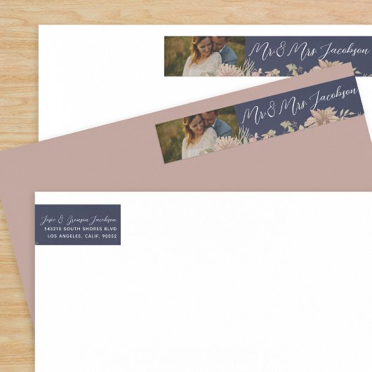 ヴィンテージフローラピンクとネイビー結婚ブルー ラップアラウンドラベル