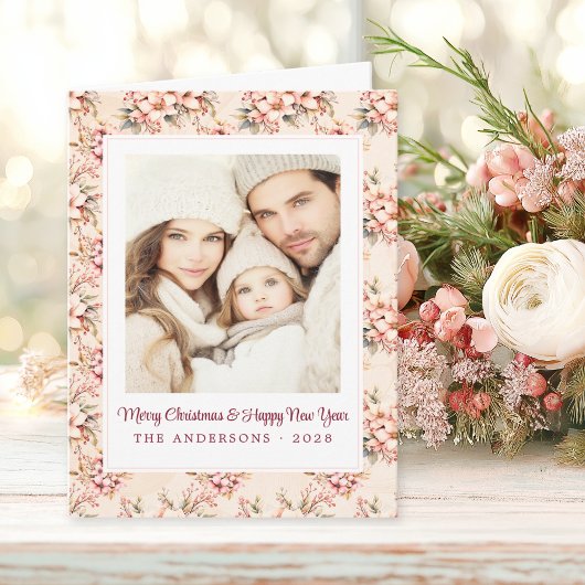 ヴィンテージフローラピンクのクリスマスのカスタマイズ カード