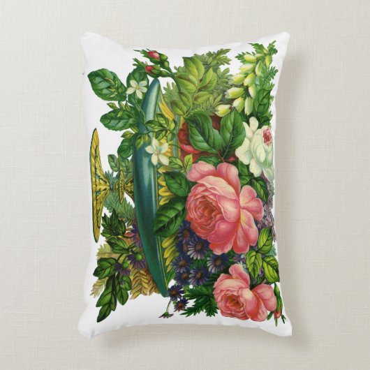 ヴィンテージフローラピンクのバラ、花の花瓶 アクセントクッション (正面(垂直))