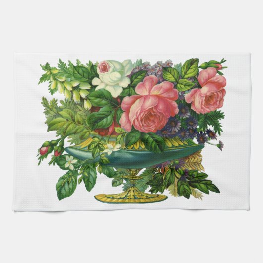 ヴィンテージフローラピンクのバラ、花の花瓶 キッチンタオル (横)