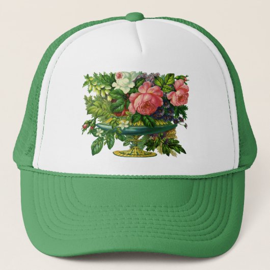 ヴィンテージフローラピンクのバラ、花の花瓶 キャップ (正面)