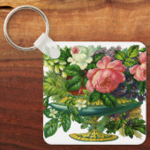 ヴィンテージフローラピンクのバラ、花の花瓶 キーホルダー (正面)