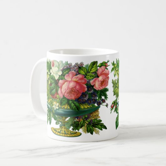 ヴィンテージフローラピンクのバラ、花の花瓶 コーヒーマグカップ (正面左)