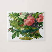 ヴィンテージフローラピンクのバラ、花の花瓶 ジグソーパズル (横)