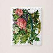 ヴィンテージフローラピンクのバラ、花の花瓶 ジグソーパズル (縦)
