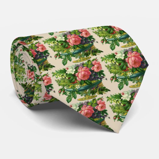 ヴィンテージフローラピンクのバラ、花の花瓶 ネクタイ (ロール)