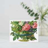 ヴィンテージフローラピンクのバラ、花の花瓶 ポストカード (スタンド正面)