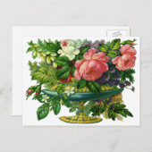 ヴィンテージフローラピンクのバラ、花の花瓶 ポストカード (正面/裏面)