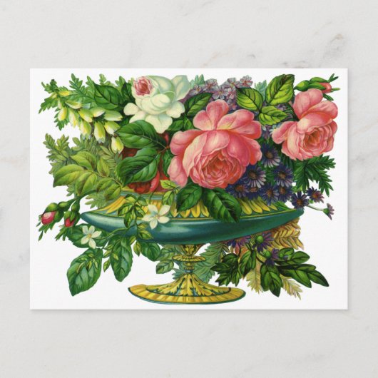 ヴィンテージフローラピンクのバラ、花の花瓶 ポストカード (正面)