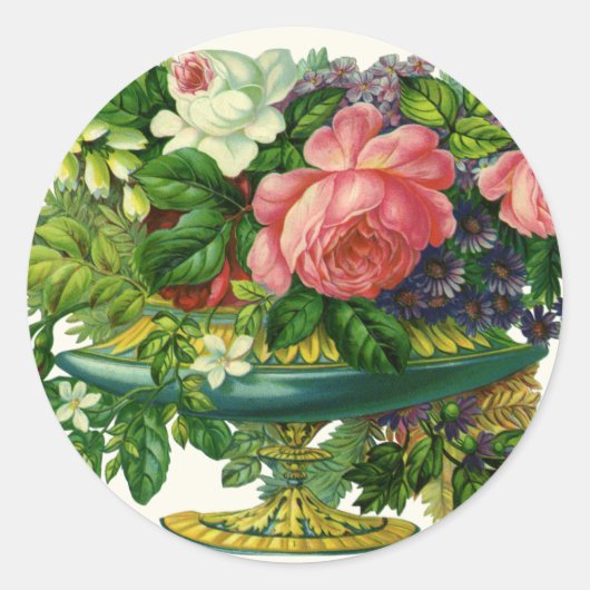 ヴィンテージフローラピンクのバラ、花の花瓶 ラウンドシール (正面)