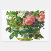 ヴィンテージフローラピンクのバラ、花の花瓶 ラッピングペーパーシート (正面2)