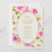 ヴィンテージフローラピンクの花バラ結婚金ゴールド 招待状 (正面)