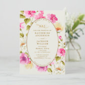 ヴィンテージフローラピンクの花バラ結婚金ゴールド 招待状 (スタンド正面)
