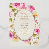 ヴィンテージフローラピンクの花バラ結婚金ゴールド 箔招待状 (正面)