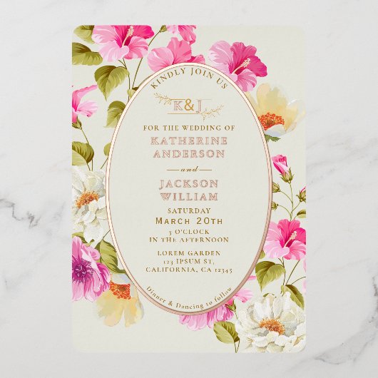 ヴィンテージフローラピンクの花バラ結婚金ゴールド 箔招待状 (正面)