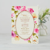 ヴィンテージフローラピンクの花バラ結婚金ゴールド 箔招待状 (立ち正面)
