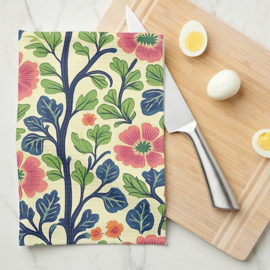 ヴィンテージフローラピンクの花緑豊かな葉 キッチンタオル (四つ折り)