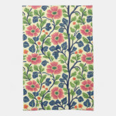 ヴィンテージフローラピンクの花緑豊かな葉 キッチンタオル (縦)