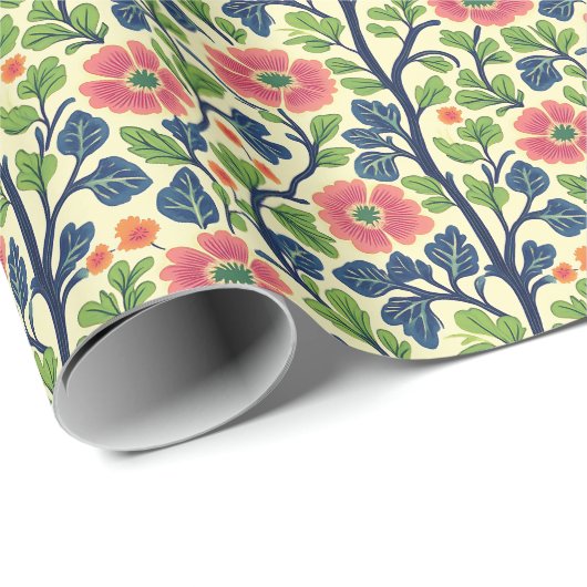 ヴィンテージフローラピンクの花緑豊かな葉 ラッピングペーパー (ロールコーナー)