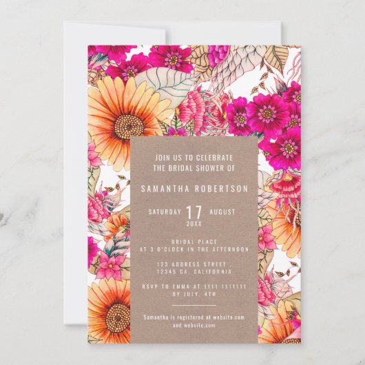 ヴィンテージフローラピンクオレンジ素朴ブライダルシャワー 招待状 (正面)