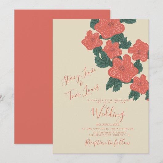 ヴィンテージフローラピンクコーラルボ結婚タニーズ 招待状 (正面/裏面)