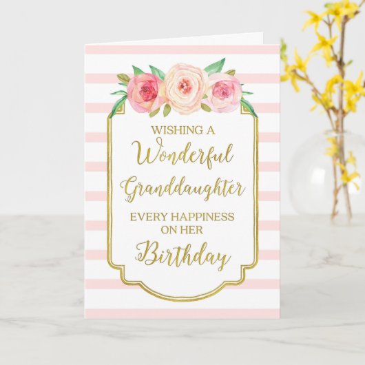 ヴィンテージフローラピンクストライプ孫娘誕生日 カード (黄色い花)