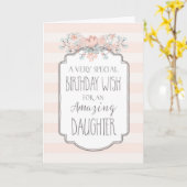 ヴィンテージフローラピンクストライプ誕生日ドーターカード カード (黄色い花)