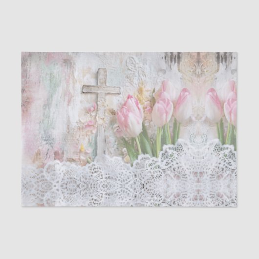 ヴィンテージフローラピンクチューリップクロスレースデクページ 薄葉紙 (正面)